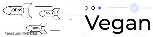 Missiles labeled DDoS moving towards the word Vegan with a checkmark and loading symbols. Ideal for cyber threats, online security, website vulnerability, digital safety, tech humor, food choice photo