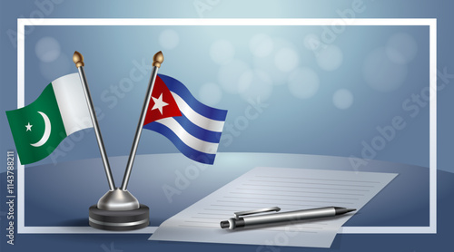 Pakistan and Cuba National flags on small table with bokeh background, cooperative relationship