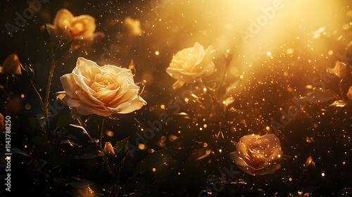 Blooming roses bathed in warm, glowing sunlight with golden sparkles floating around, creating a dreamy and romantic scene.  .