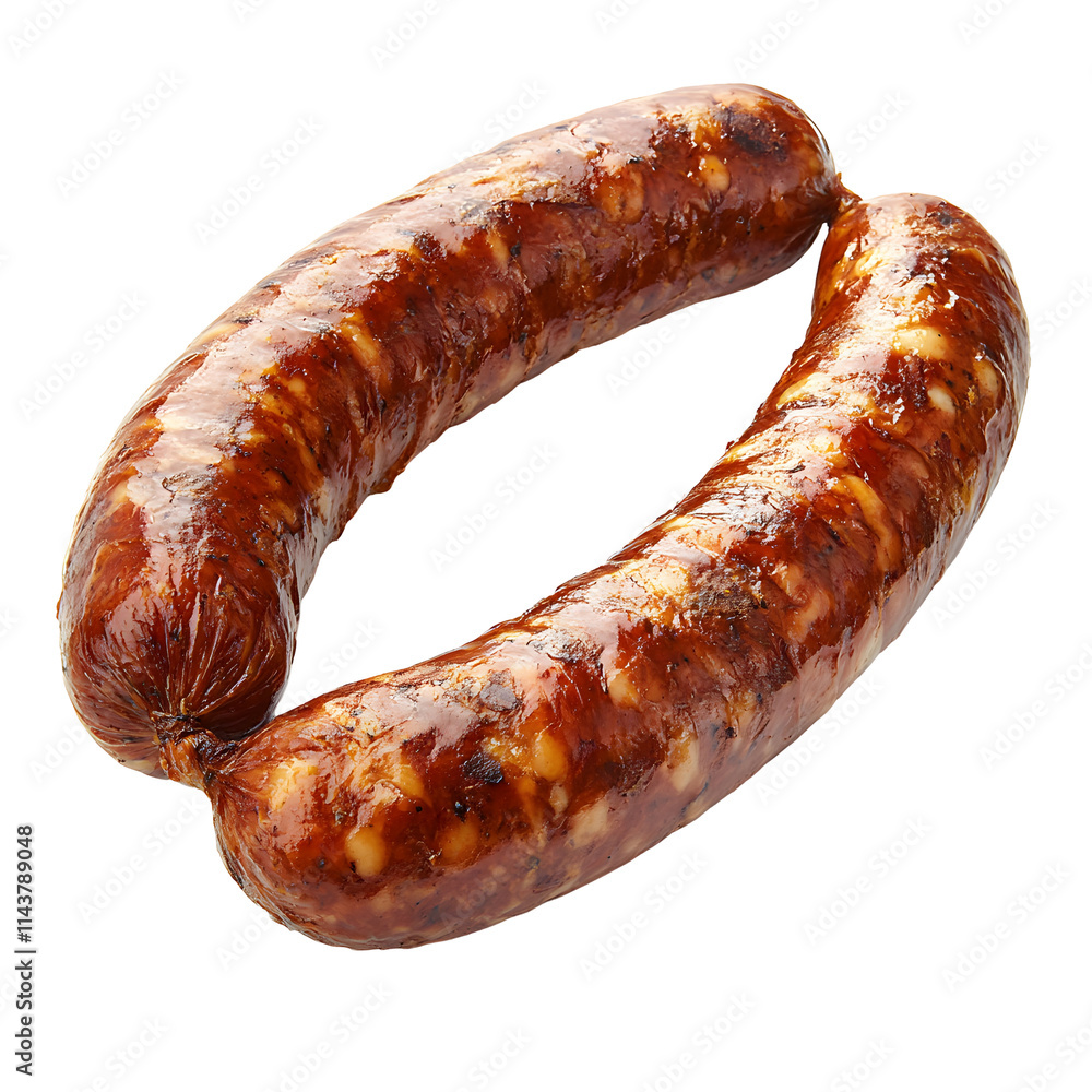 Grilled Sausages, Cooked Food, Isolated on White Background, Delicious, Juicy, Aromatic, Brown, Two Sausages, Shiny, Closeup, Texture, Food Photography Grilled Sausages, Cooked Food, Isolated on White Background, Delicious, Juicy, Aromatic, Brown, Two Sausages, Shiny, Closeup, Texture, Food Photography