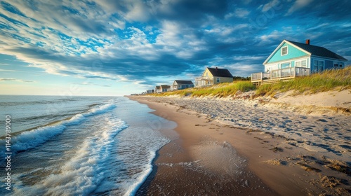 Explore the captivating Cape Cod coastline with sandy beaches and colorful cottages under a beautiful blue sky photo