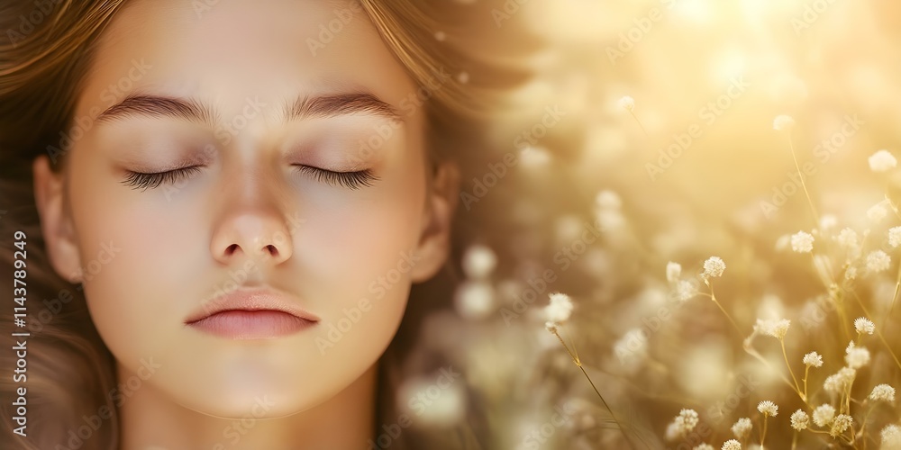 A serene close-up of a young woman with closed eyes, surrounded by soft flowers and warm light. Concept Serene Portrait, Floral Aesthetics, Soft Lighting, Tranquil Atmosphere, Intimate Close-Up A serene close-up of a young woman with closed eyes, surrounded by soft flowers and warm light. Concept Serene Portrait, Floral Aesthetics, Soft Lighting, Tranquil Atmosphere, Intimate Close-Up