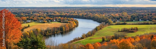 Spectacular fall panorama of Blackstone Valley farms and river winding through rural Rhode Island