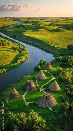 Panorama of Knife River Indian Villages showing historic earth lodges and lush landscapes in North Dakota photo