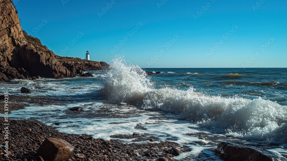 Serene shores of Montauk Point with rugged cliffs and crashing waves under a clear blue sky Serene shores of Montauk Point with rugged cliffs and crashing waves under a clear blue sky