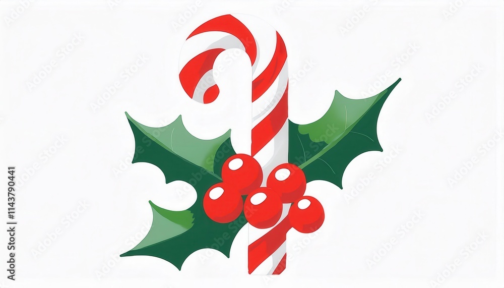 Festive Red and White Candy Cane with Holly Leaves and Berries. Perfect Christmas Decor Illustration for Holiday Greetings, Seasonal Crafts, Gift Wrapping, and DIY Winter Projects Festive Red and White Candy Cane with Holly Leaves and Berries. Perfect Christmas Decor Illustration for Holiday Greetings, Seasonal Crafts, Gift Wrapping, and DIY Winter Projects