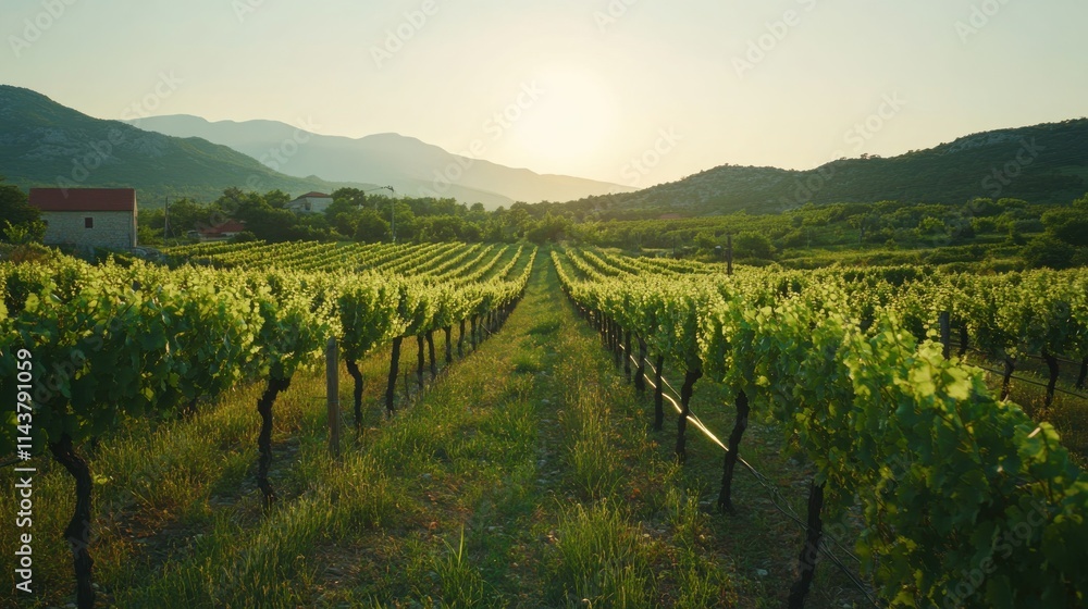 Fototapeta premium Quiet morning in a vineyard bathed in sunlight near the Montenegrin countryside