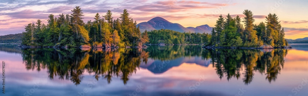 Serene sunset over Moosehead Lake with reflections of forests and mountains in tranquil waters Serene sunset over Moosehead Lake with reflections of forests and mountains in tranquil waters