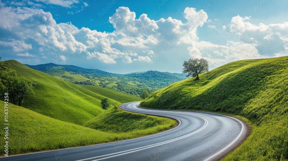 Winding road through lush green hills under a bright blue sky filled with fluffy clouds Winding road through lush green hills under a bright blue sky filled with fluffy clouds
