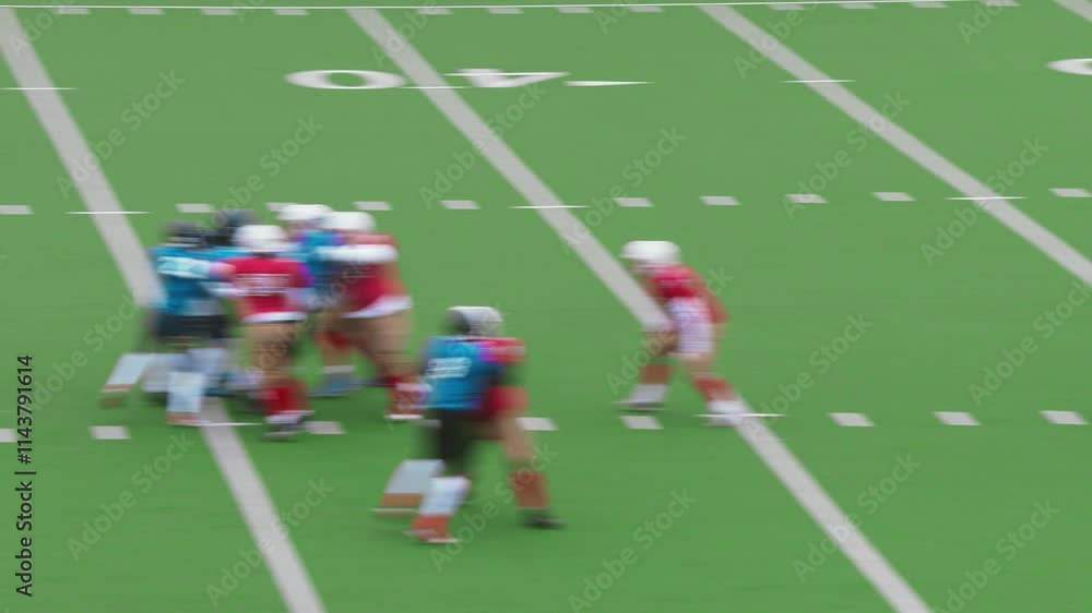 American Football Players Face Each Other On the Field. Game Starts and an Athlete Making a Quick Pass that is Caught By an Opponent, Runner Begins to Advance and Scores Points. Team Celebrate American Football Players Face Each Other On the Field. Game Starts and an Athlete Making a Quick Pass that is Caught By an Opponent, Runner Begins to Advance and Scores Points. Team Celebrate