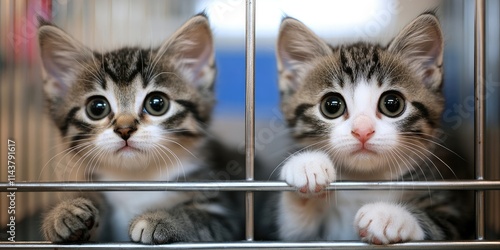 Two kittens in a cage at an animal shelter showcase the importance of caring for animals. These cats in a veterinary clinic highlight the need for adoption and proper veterinary care for pets. photo