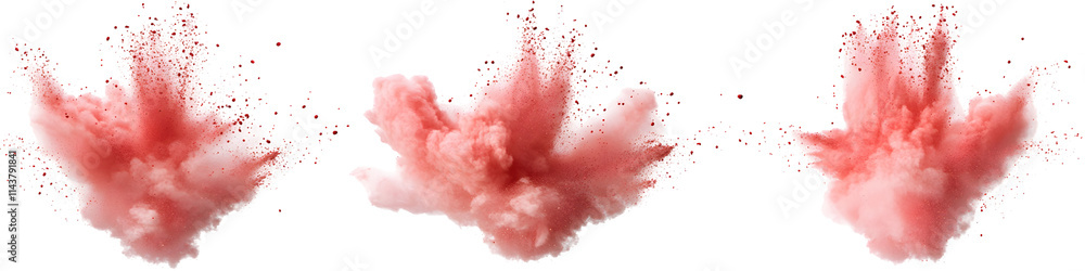 Red Powder Explosions Isolated on White Background, Abstract Cloud Burst, Three Dynamic Splashes Red Powder Explosions Isolated on White Background, Abstract Cloud Burst, Three Dynamic Splashes