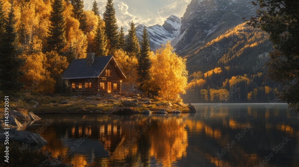 Fototapeta premium Charming log cabin by a mountain lake in autumn sunlight with vibrant trees reflecting on the water