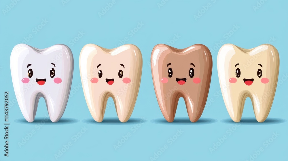 Fototapeta premium Colorful cartoon teeth smiling joyfully in a playful illustration for dental health awareness and children\'s education