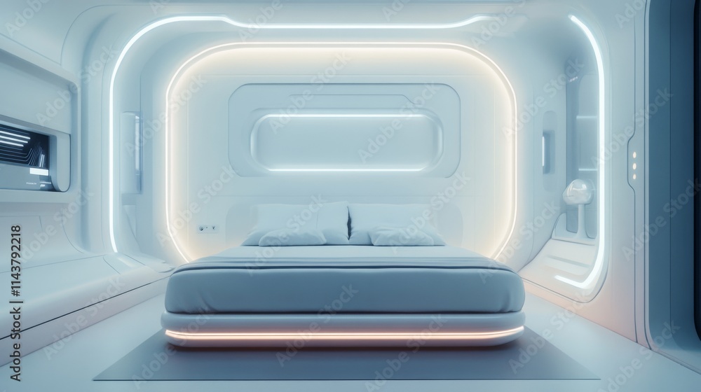 Futuristic minimalist bedroom with glowing LED lights and sleek design. Futuristic minimalist bedroom with glowing LED lights and sleek design.
