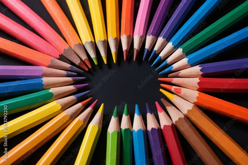 a close up of a circle of colored pencils with a black background a close up of a circle of colored pencils with a black background