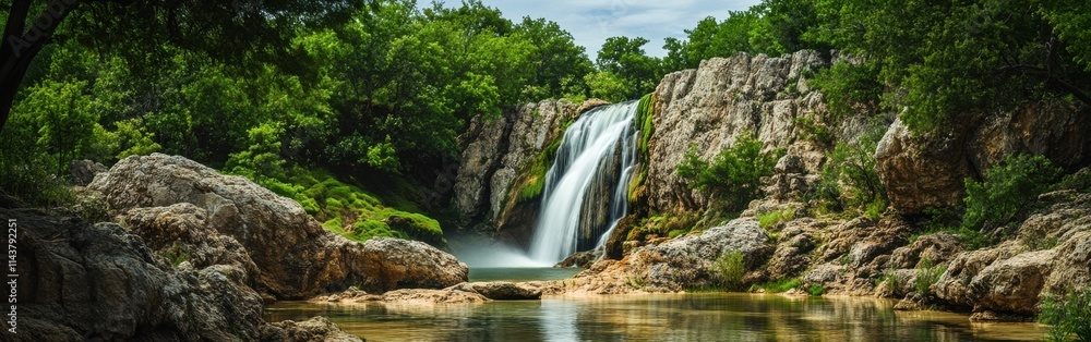 Majestic Turner Falls cascades into a tranquil pool surrounded by lush Oklahoma greenery Majestic Turner Falls cascades into a tranquil pool surrounded by lush Oklahoma greenery