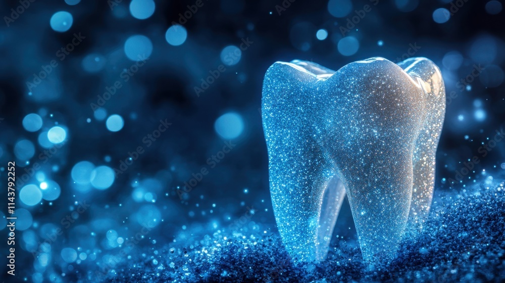 Bright glimmering tooth stands out against a magical blue backdrop creating an enchanting dental theme Bright glimmering tooth stands out against a magical blue backdrop creating an enchanting dental theme