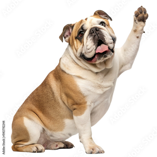 A bulldog sitting and raising one paw isolated on a transparent background