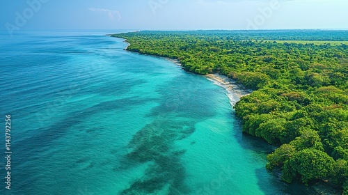 Aerial view of a lush coastline meeting turquoise waters.