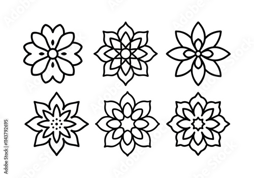 Set of decorative black line flower designs, Set of Abstract Decorative Radial Floral Patterns. Flower Icons. Round Design Elements. Vector Art.