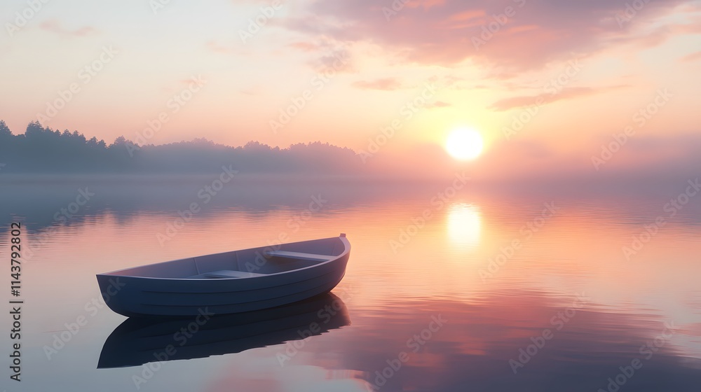 A small boat on a calm lake under a sunrise representing a journey toward endless horizons A small boat on a calm lake under a sunrise representing a journey toward endless horizons