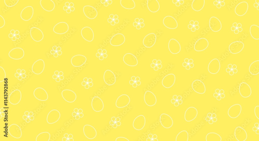 Seamless pattern with white egg and flower outlines on yellow background. Easter and spring design for wallpaper, textile, and cards Seamless pattern with white egg and flower outlines on yellow background. Easter and spring design for wallpaper, textile, and cards