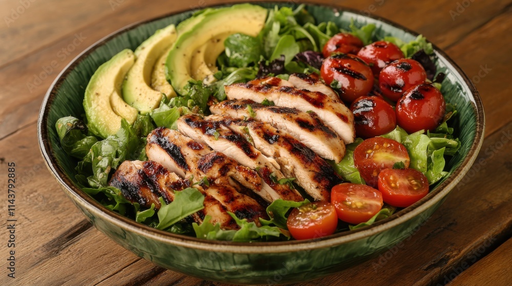 Colorful salad bowl featuring mixed greens, grilled chicken, avocado, and cherry tomatoes on rustic wooden table Colorful salad bowl featuring mixed greens, grilled chicken, avocado, and cherry tomatoes on rustic wooden table