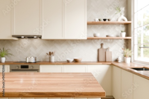 Modern Kitchen with Warm Wood and Neutral Tones. Wood top with blurred kitchen background. 3d render.