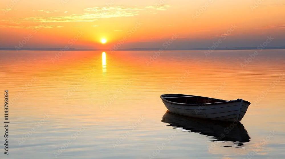 A small boat on a calm lake under a sunrise representing a journey toward endless horizons A small boat on a calm lake under a sunrise representing a journey toward endless horizons