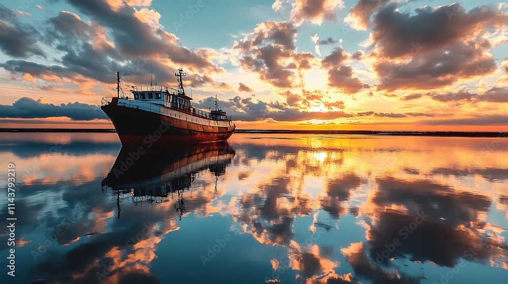 Abandoned ship at sunset. Concept of solitude, tranquility, and maritime history. Abandoned ship at sunset. Concept of solitude, tranquility, and maritime history.