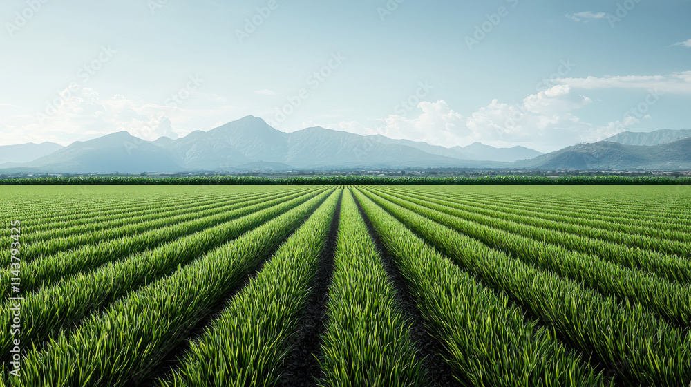 Lush green rice plants stretch across vast field, framed by majestic mountains under clear blue sky. scene evokes tranquility and beauty of nature Lush green rice plants stretch across vast field, framed by majestic mountains under clear blue sky. scene evokes tranquility and beauty of nature
