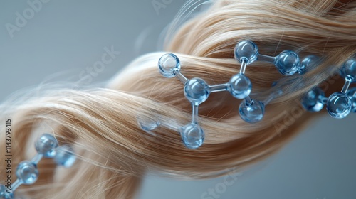 Beauty of hair intertwined with molecular structures depicting science of hair care and biology