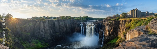 Majestic Great Falls in Paterson showcases nature's power against a backdrop of urban architecture and rich greenery