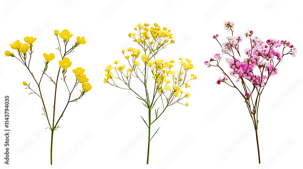 Obraz premium Set of small sprigs of yellow flowers of berberis thunbergii, pink chamelaucium and white gypsophila isolated