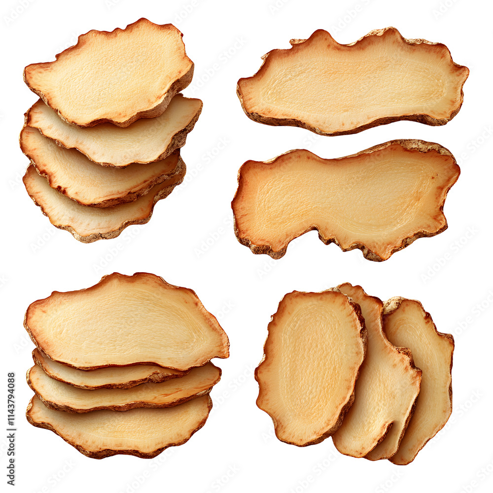 Dried Ginger Slices Stacked, Isolated on White Background, Transparent Background Image. Dried Ginger Slices Stacked, Isolated on White Background, Transparent Background Image.