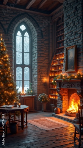 Wallpaper Mural Cozy Winter Library in a Stone Castle Torontodigital.ca