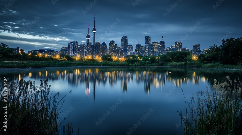Toronto Skyline at Dusk Reflected in Pond. Urban Landscape, Cityscape, Tranquil Evening. Toronto Skyline at Dusk Reflected in Pond. Urban Landscape, Cityscape, Tranquil Evening.