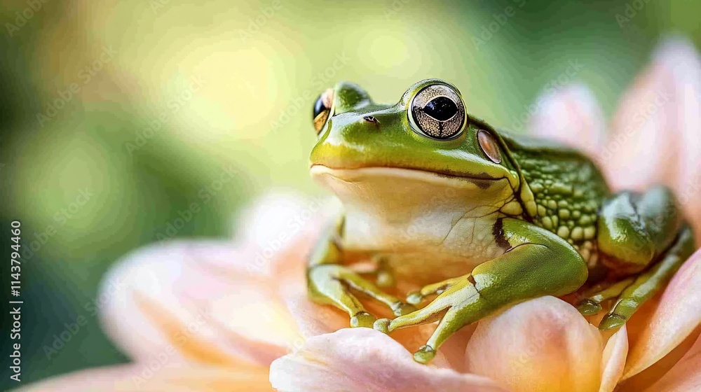 A green frog perched on a soft pink flower, showcasing nature's beauty. A green frog perched on a soft pink flower, showcasing nature's beauty.