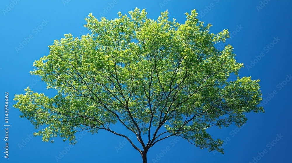 Fototapeta premium Lush green tree against a vibrant blue sky.