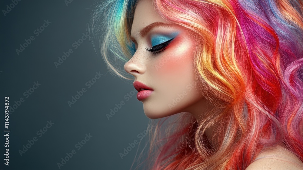 Vibrant profile of a model with colorful hair showcasing bold makeup artistry in a creative beauty shoot Vibrant profile of a model with colorful hair showcasing bold makeup artistry in a creative beauty shoot