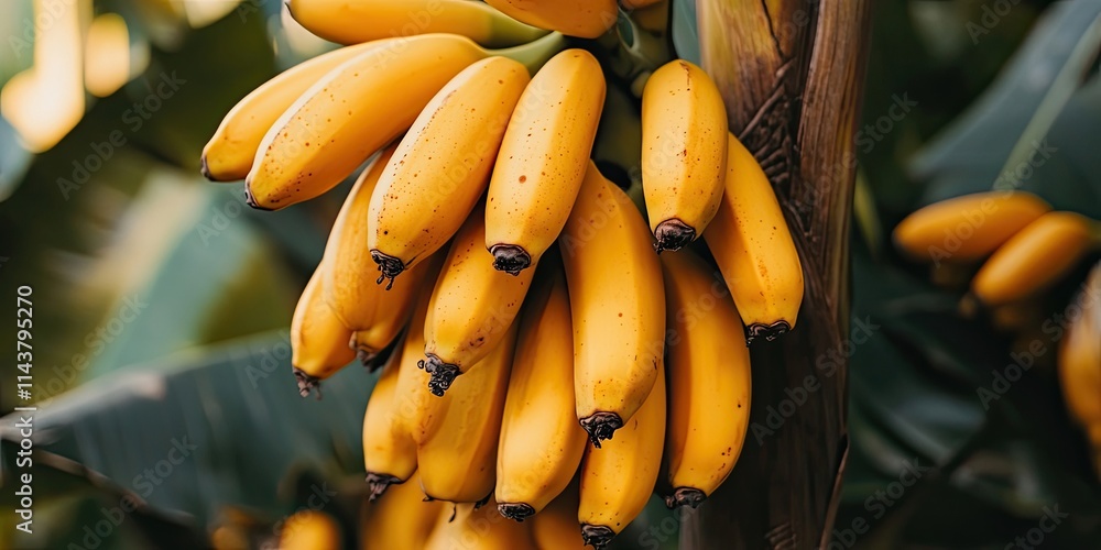 Close up view of a banana tree featuring a bunch of vibrant, ripe yellow bananas, showcasing the beauty of the banana tree and its flourishing yellow bananas in nature. Close up view of a banana tree featuring a bunch of vibrant, ripe yellow bananas, showcasing the beauty of the banana tree and its flourishing yellow bananas in nature.