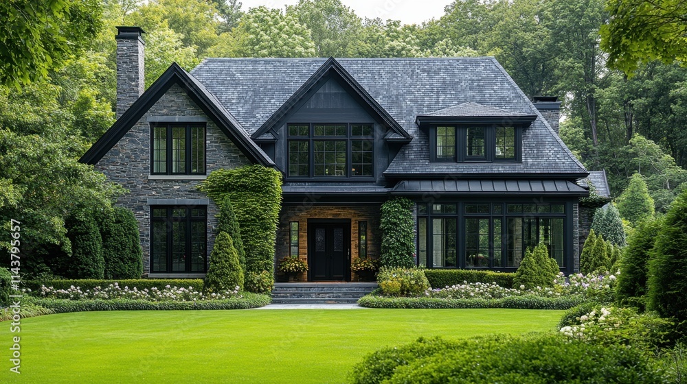 Stunning black stone house surrounded by lush greenery in a serene suburban setting during a sunny day Stunning black stone house surrounded by lush greenery in a serene suburban setting during a sunny day