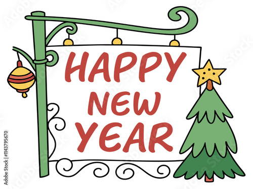 Signboard with chain and text Happy new year. Vector illustration.