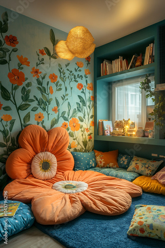 A girl's room with a garden theme, featuring a bed shaped like a flower, leafy wall decals, and a cozy reading nook with floor cushions. Fresh and vibrant