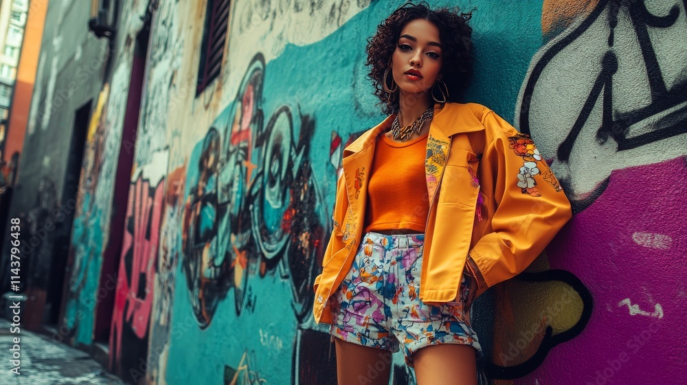 A vibrant street fashion scene featuring models wearing trendy and casual outfits with bold colors and unique layering, set against an urban backdrop of graffiti walls, 16:9 A vibrant street fashion scene featuring models wearing trendy and casual outfits with bold colors and unique layering, set against an urban backdrop of graffiti walls, 16:9