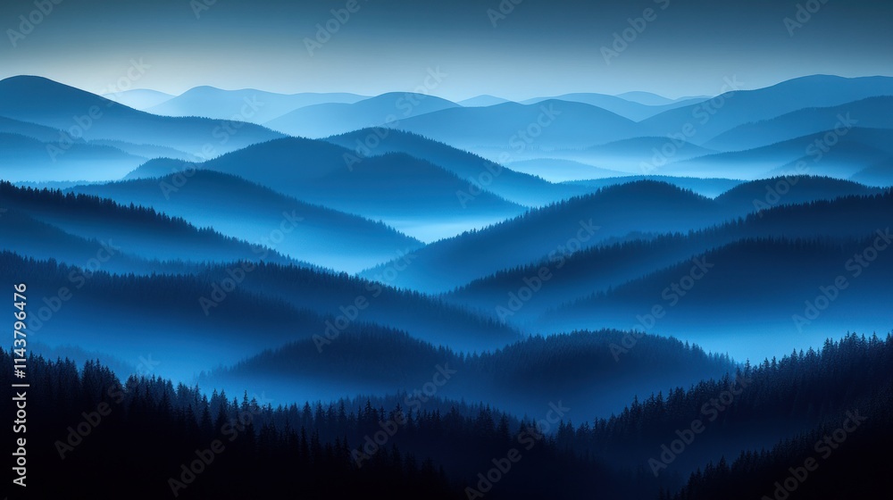 Serene blue mountain range at dawn, misty layers. Serene blue mountain range at dawn, misty layers.