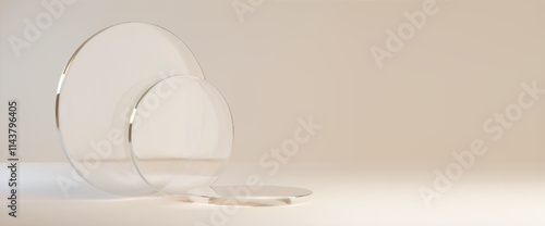 3d luxury beige podium with circle glass platform on background. Brown beauty product display pedestal in premium elegant studio. Minimal realistic room with stage and advertising space in showroom