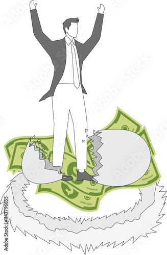 Businessman successfully breaking out of egg hatched on banknotes, successful business and successful businessman, business concept illustration