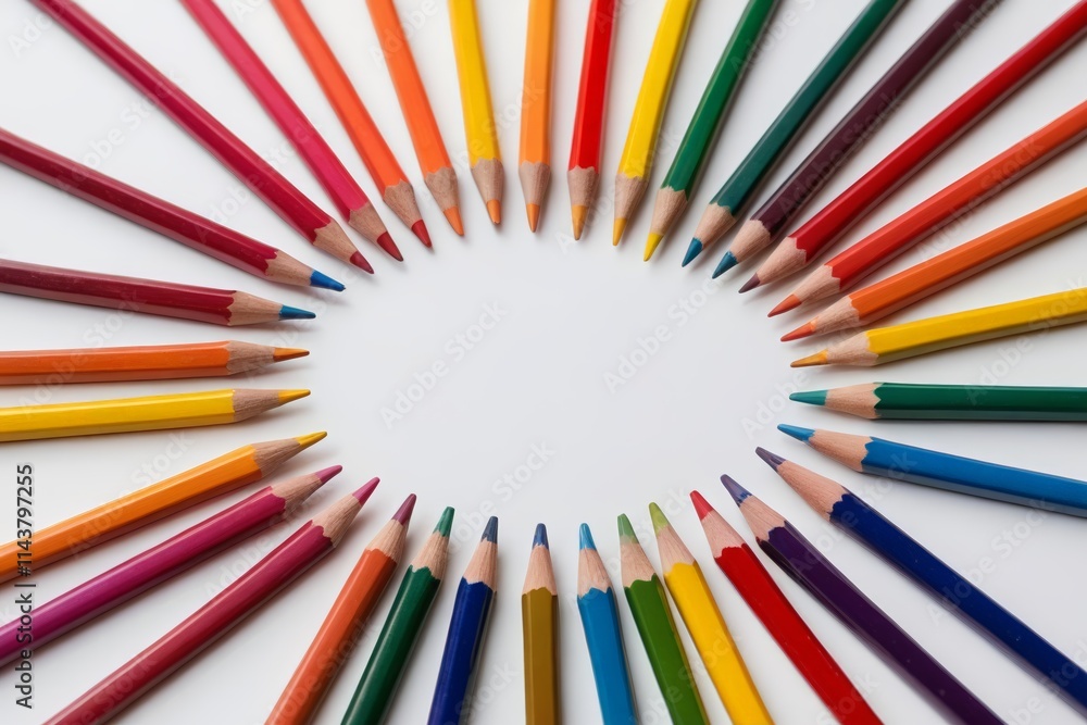 a close up of a circle of colored pencils on a white surface a close up of a circle of colored pencils on a white surface